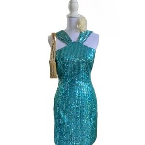 1999s Mermaid Core Aquamarine Sequin Mini Dress with Halter neckline.
